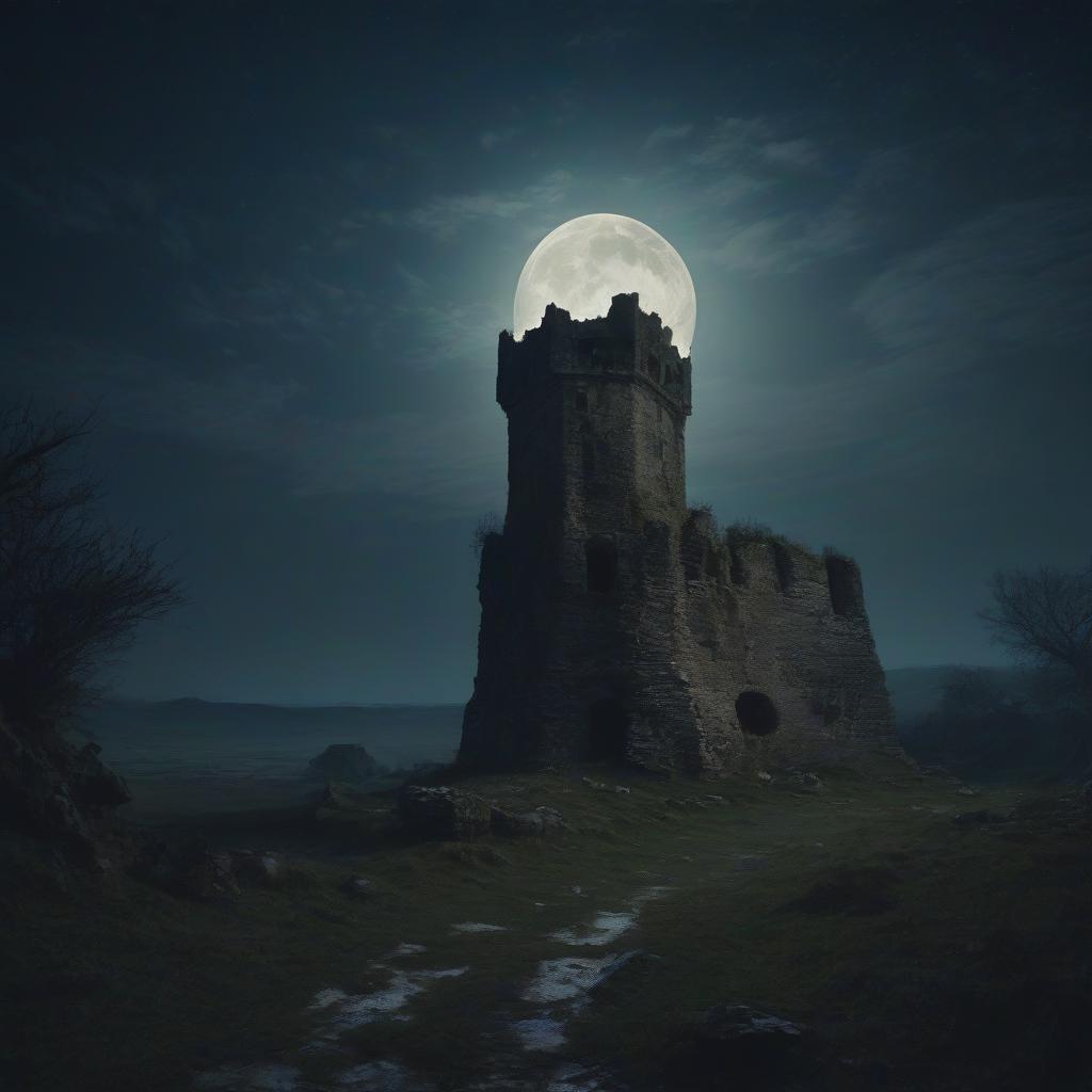  an ancient dilapidated tower in the moonlight.