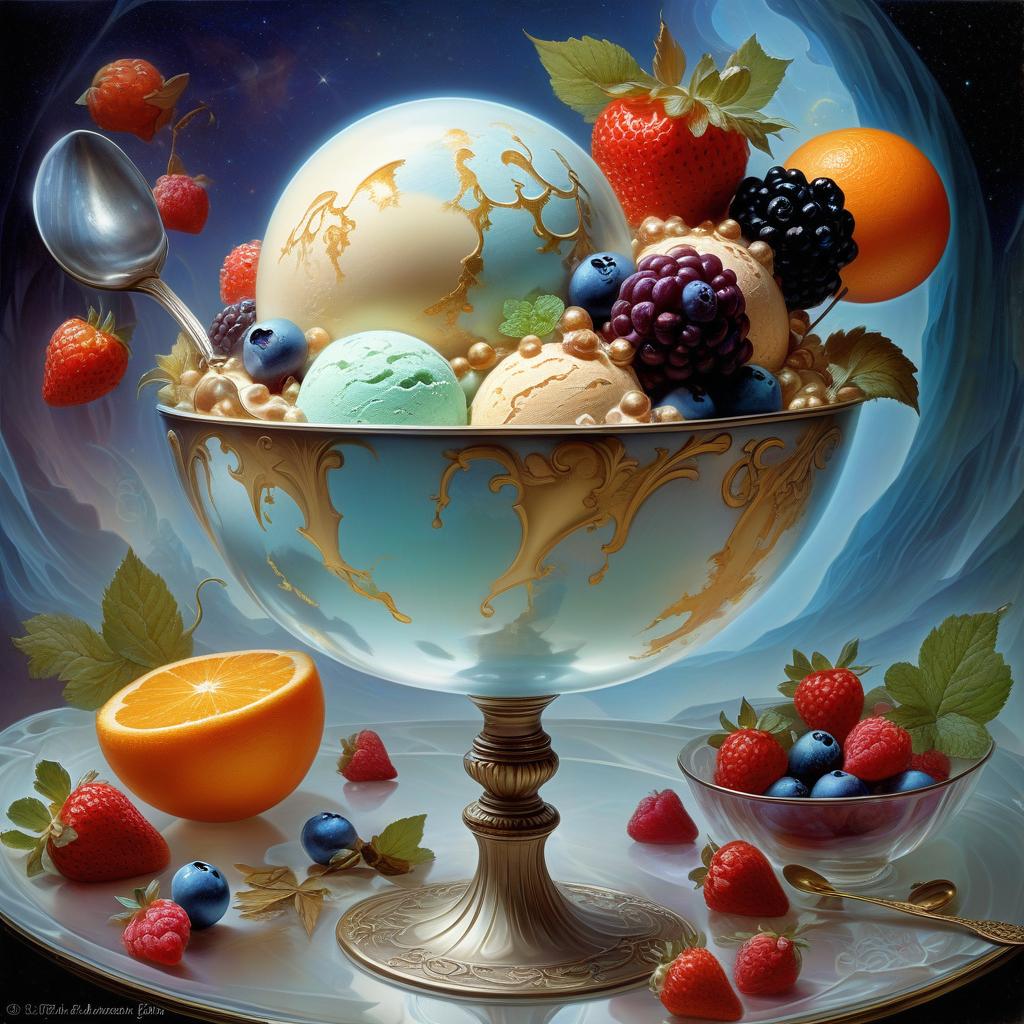  space themed digital art, (double exposure:1.3). multi colored balls of creamy ice cream in elegant crystal vase ((cream: 1.5) with (frost effect: 1.5)) with an orange slice, wafer pieces, chocolate chips, strawberries, blueberries, blackberries, raspberries, a mint leaf, a cinnamon stick, a smoky fractal, an elegant silver spoon. effectmagic, mysticism, fairy tales, in the environment of fantasy art, arabesques, sparkle, a splash of fantasy, unearthly lighting effects, a breathtaking color palette, extremely detailed, in high resolution 10k. surrealism, realism, fantasy, baroque, renaissance. imagination and skill. in the manner of julia dillon, van gogh, salvador dali, mika asai, alfons mucha, robert bateman, thomas kinkade, fragonard. . 