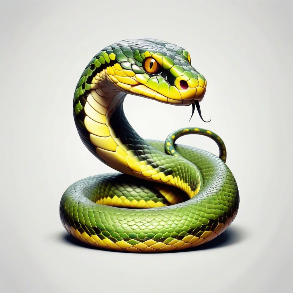  a dark green snake with detailed scaly skin and a piercing yellow eye sits like a full length statue so that it can be seen entirely