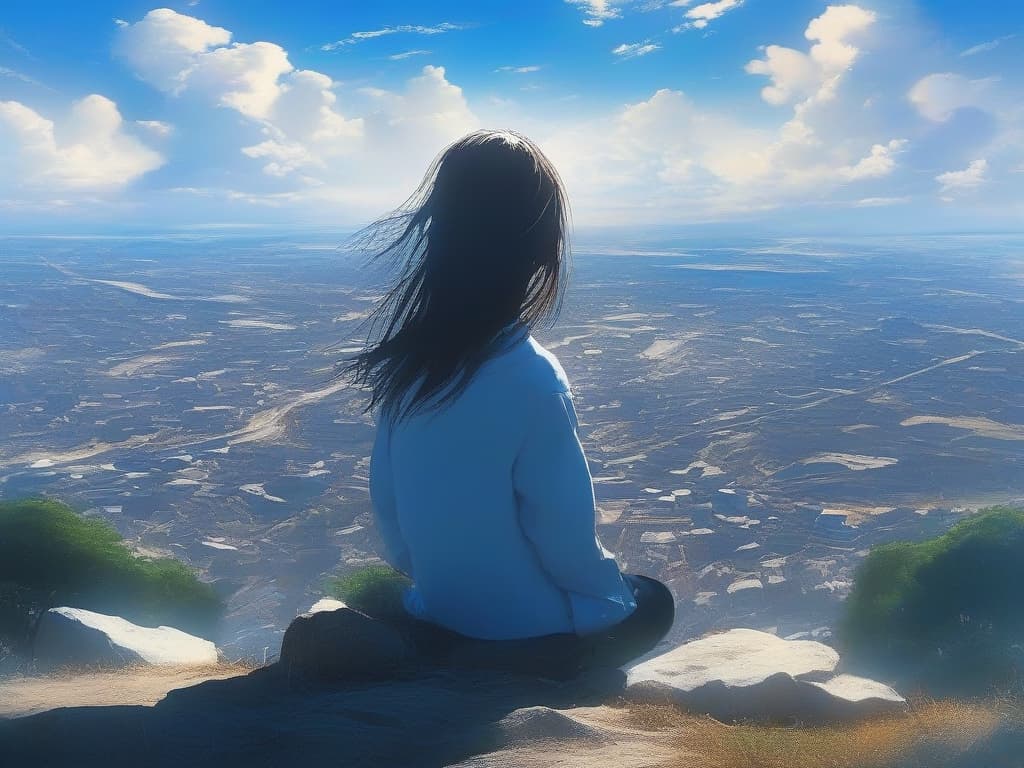  sky, scenery, back, girl, sitting,