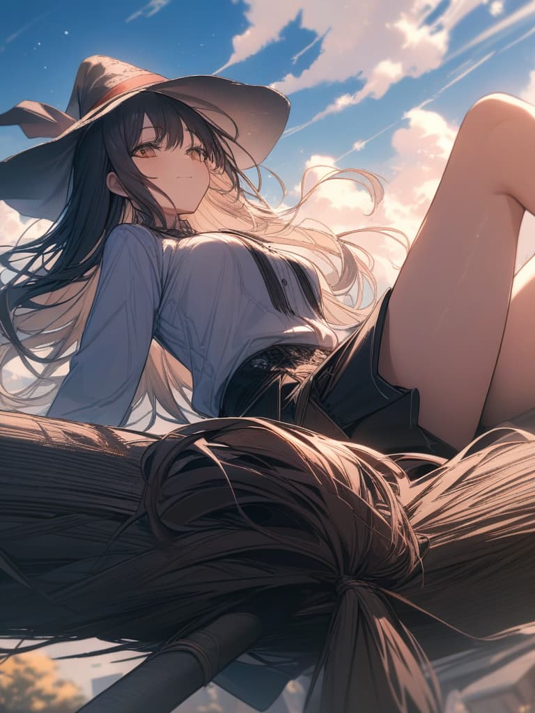  witches, girls, hats, hair fluttering, flying in the sky, sideways, sitting on it, riding on a broom, holding down the hat, sky, masterpiece, best quality,8k,ultra detailed,high resolution,an extremely delicate and beautiful,hyper detail