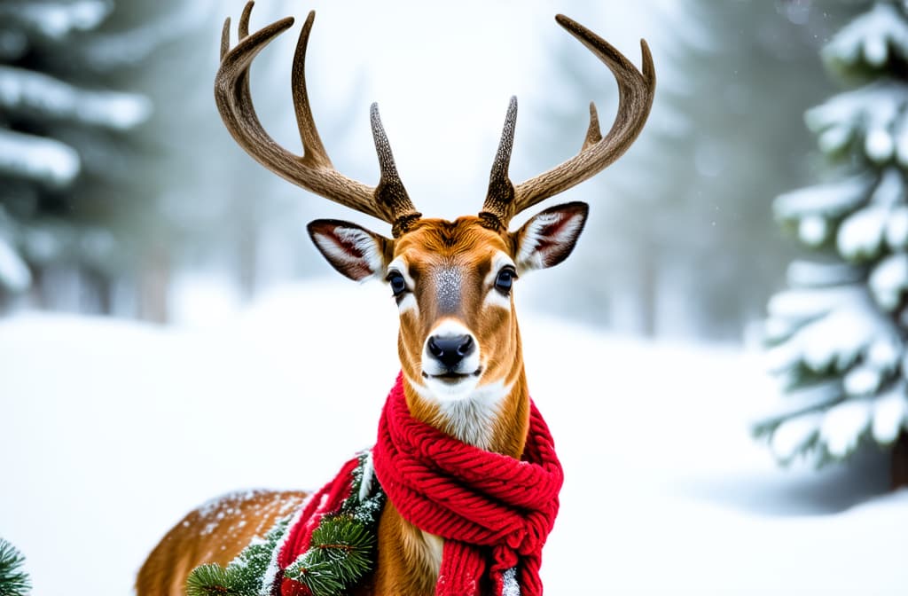  professional detailed photography, christmas deer in a scarf on a winter background. place for text, copyspace. ar 3:2, (muted colors, dim colors, soothing tones), (vsco:0.3)