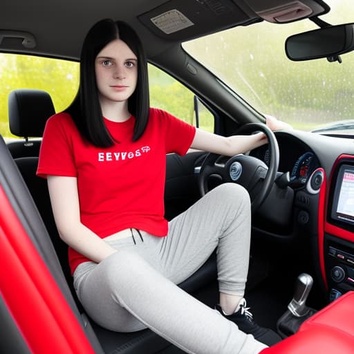  lady, early twenties, pale skin, black medium straight hair. wearing a red t shirt, grey joggers and red trainers. she is sitting inside her car, driving, anxious