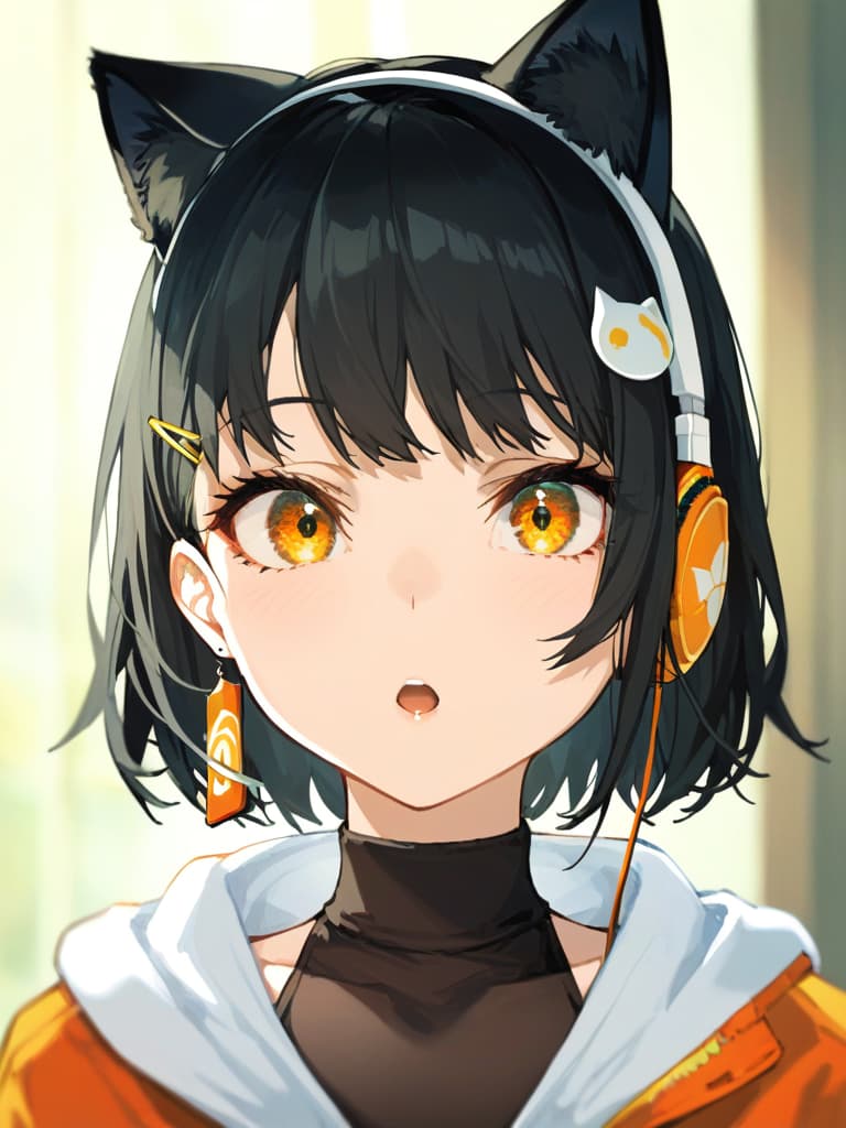  (black cat ear headphones: 1.2), blurry, masterpiece, open mouth, best quality, close up, from front, medium hair, (pure eyes: ), earring, orange overside jacket, (shoulder gap: 1.2), (white turtereneck: 1.1), (hair pin: 1.3)