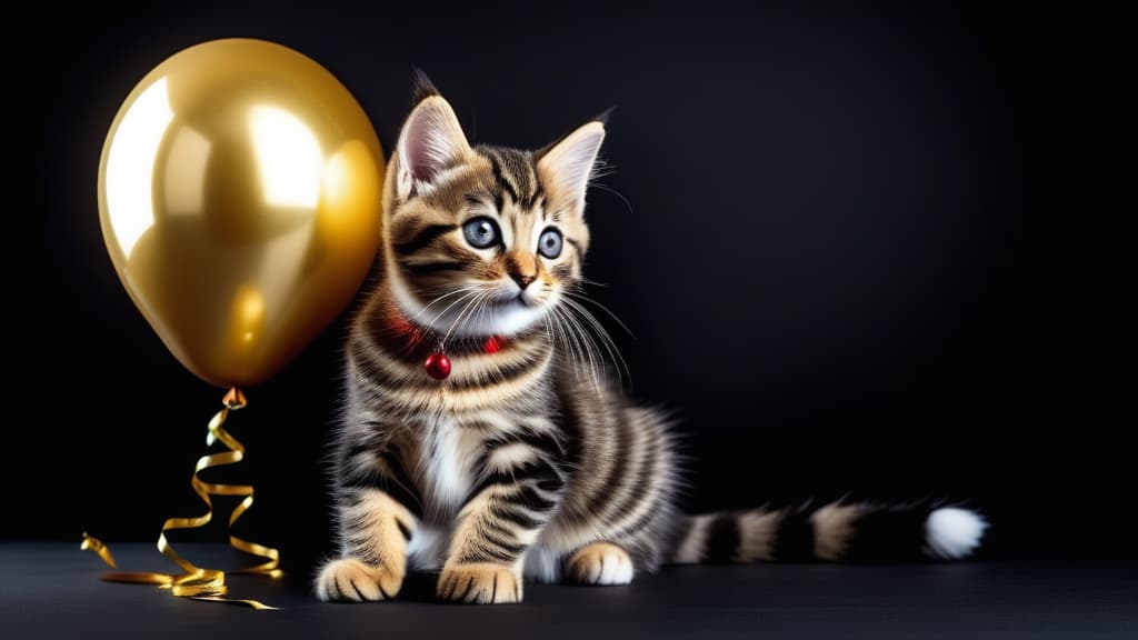  Christmas cat. Cat with gold foil balloons. Tabby kitten on a Christmas festive black background. ar 16:9 high quality, detailed intricate insanely detailed, flattering light, RAW photo, photography, photorealistic, ultra detailed, depth of field, 8k resolution , detailed background, f1.4, sharpened focus