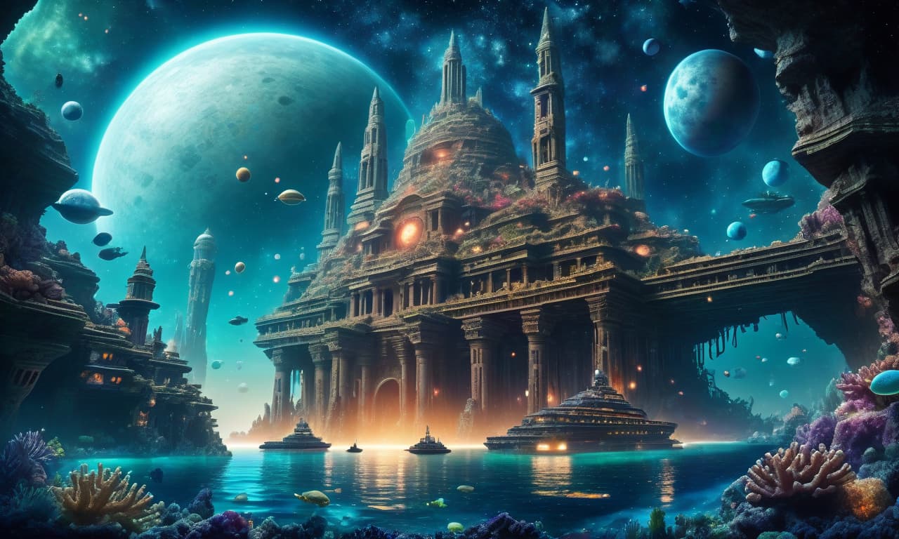  space themed (masterpiece:1.8, oil painting:1.5, high quality 8k) surreal painting of a sunken ancient city on the seabed. extremely detailed, cinematic lighting, rich marine life, lots of detail. . cosmic, celestial, stars, galaxies, nebulas, planets, science fiction, highly detailed