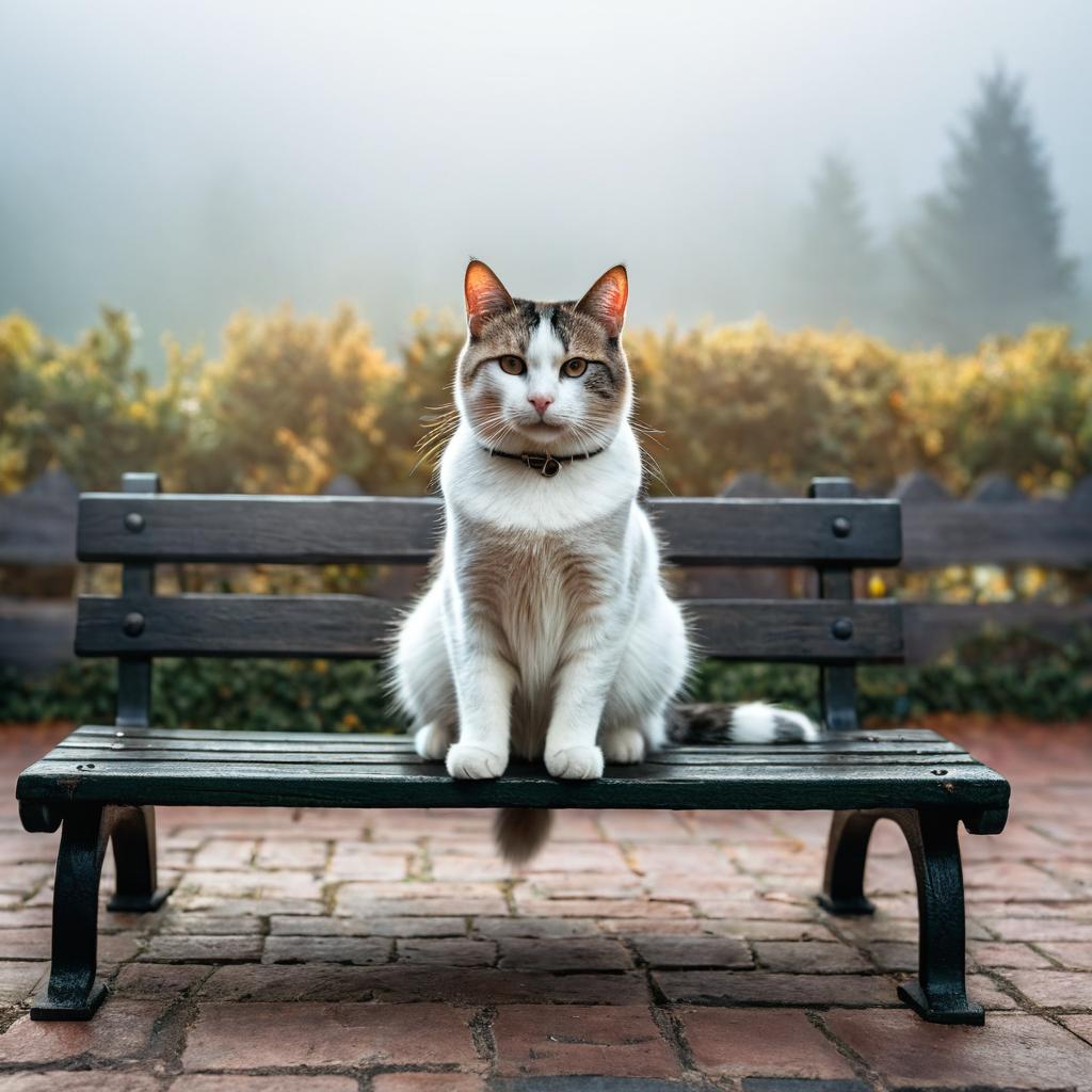  a cat sitting on a bench hyperrealistic, full body, detailed clothing, highly detailed, cinematic lighting, stunningly beautiful, intricate, sharp focus, f/1. 8, 85mm, (centered image composition), (professionally color graded), ((bright soft diffused light)), volumetric fog, trending on instagram, trending on tumblr, HDR 4K, 8K