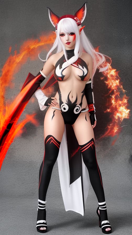  Full body red and Black flame pattern body paint, White body paint on the whole body, White face paint on the face, Dark elf 女性