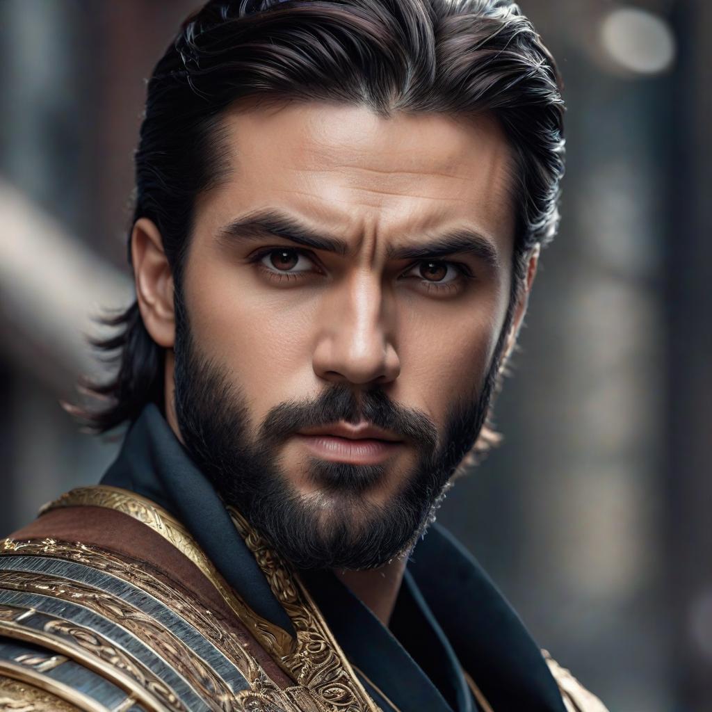  white attractive man, with brown eyes, strong jaw line, trimmed beard, and black colored chin length slightly tousled hair. slightly angry looking photo realistic, highly intricate and detailed, masterpiece, ultra high res,photography,8k resolution