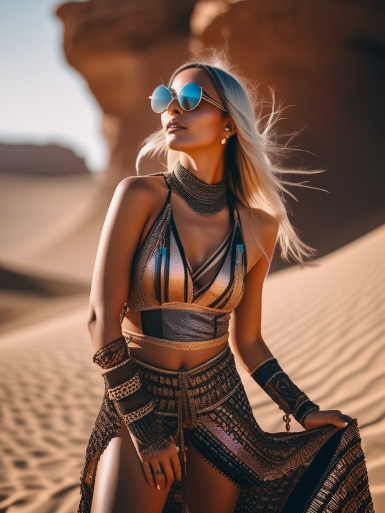  A medium, photo of a female influencer on the desert festival, dressed in a revealing rave outfit, decorated with fringe, bright outfit, steampunk style, daytime, desert background, sharp focus, cinematic, hd