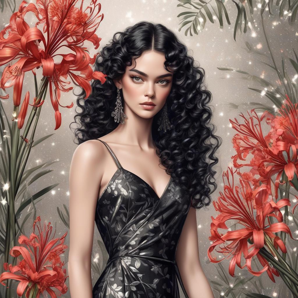  a beautiful girl, long large black curls,a branch of lycoris flowers,glitter, digital painting,fine ink drawing,fashionable vogue cover, botanical,stands realistic in a silk dress,dolce & gabbana, bohemian style,elegant,intriguing,lots of details, photorealism, professional photo,