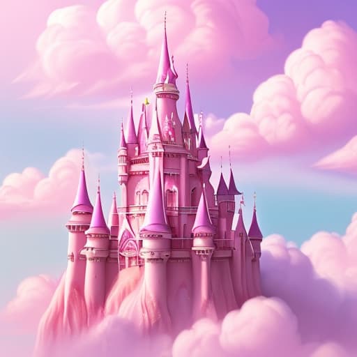  Pink castle in the sky pretty shiny pink clouds underneath and unicorns and fairies flying around