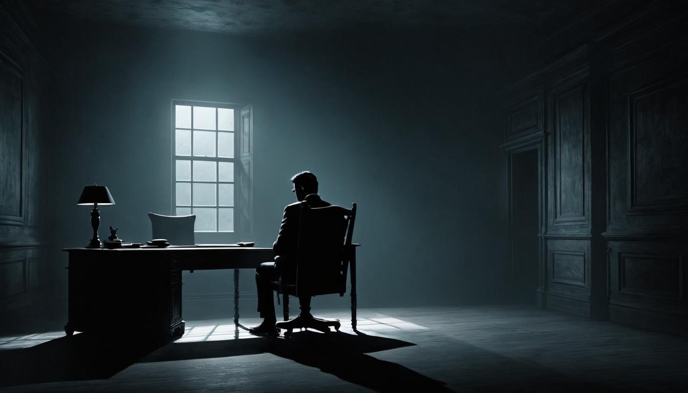  （surrealism)a darkened room, single chair beside a desk, faint outline of a person in the shadows, dim light casting long shadows, oppressive and watchful atmosphere, anticipation and unease mystic, intricate details, best quality)