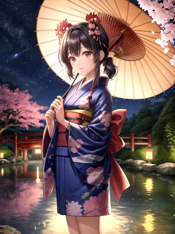  master piece, best quality, ultra detailed, highres, 4k.8k, young , standing, admiring the stars, serene, break masterpiece ilration of a young in a blue kimono under the starry sky., garden with cherry blossom trees, paper lanterns, traditional japanese umbrella, wooden bridge, koi pond, break tranquil, enchanting, soft glow of moonlight, twinkling stars in the sky,