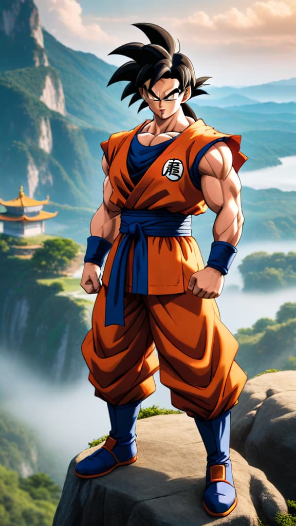  yamcha from dragon ball, standing on a cliff, memories of tournaments, victories and defeats, anime art hyperrealistic, full body, detailed clothing, highly detailed, cinematic lighting, stunningly beautiful, intricate, sharp focus, f/1. 8, 85mm, (centered image composition), (professionally color graded), ((bright soft diffused light)), volumetric fog, trending on instagram, trending on tumblr, HDR 4K, 8K