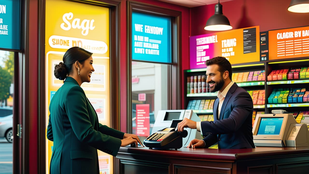  an inviting franchise storefront bustling with diverse customers, bright colors, and a friendly staff; a cash register displaying sales, and a chart depicting rising profits on the wall, symbolizing successful franchise ownership. hyperrealistic, full body, detailed clothing, highly detailed, cinematic lighting, stunningly beautiful, intricate, sharp focus, f/1. 8, 85mm, (centered image composition), (professionally color graded), ((bright soft diffused light)), volumetric fog, trending on instagram, trending on tumblr, HDR 4K, 8K