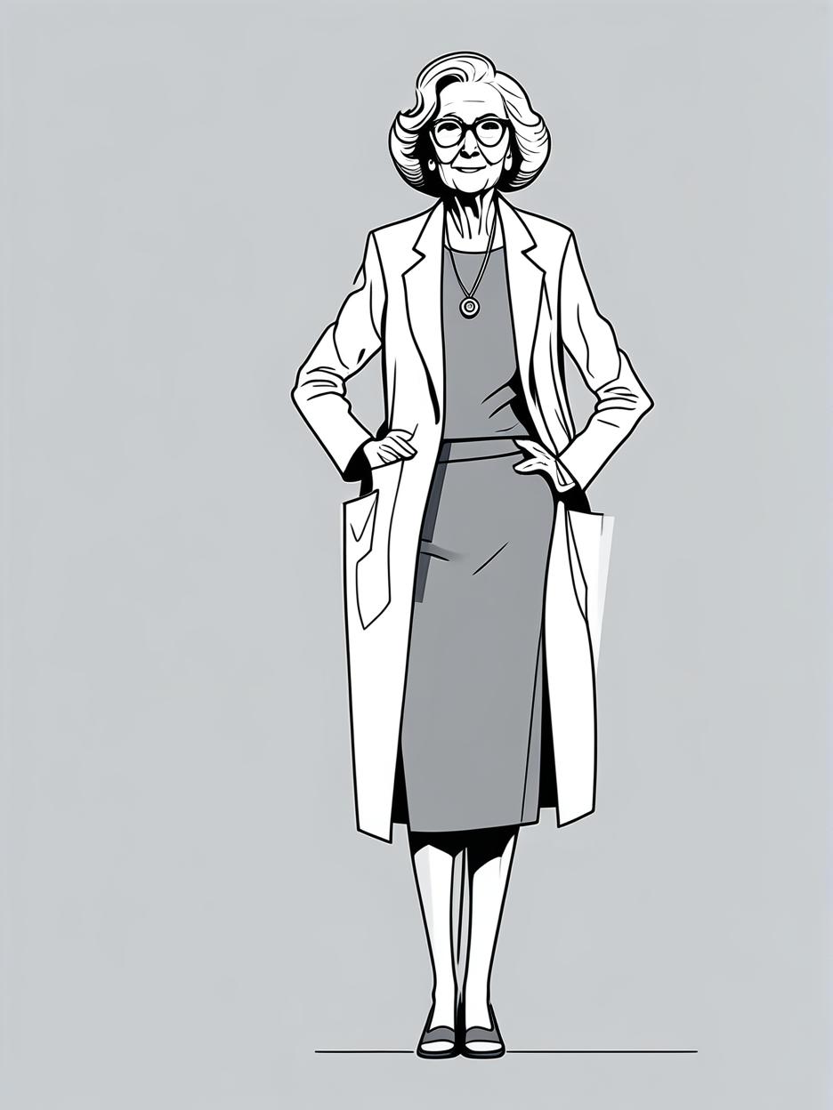  minimalism, a full body fashion croquis template of a tall elderly woman standing up, facing the camera in a casual pose, similar to a corporate full body picture. the pose is casual and friendly with minimal expression in the limbs; one arm down and the other on her hip. the figure is stylized with 10 head ratio proportions, black and white sketch, no facial features, no hair, no clothing. the linework is clean, with thin lines and no shading., abstract, simple geometic shapes, hard edges, sleek contours, minimalism