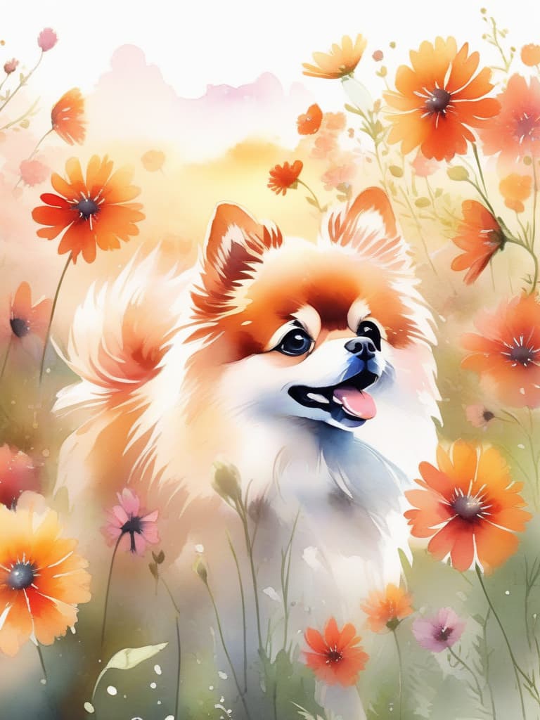  watercolor style,one animal,orangecolor,cute pomeranian,cosmos flower field,masterpiece,high quality,8k