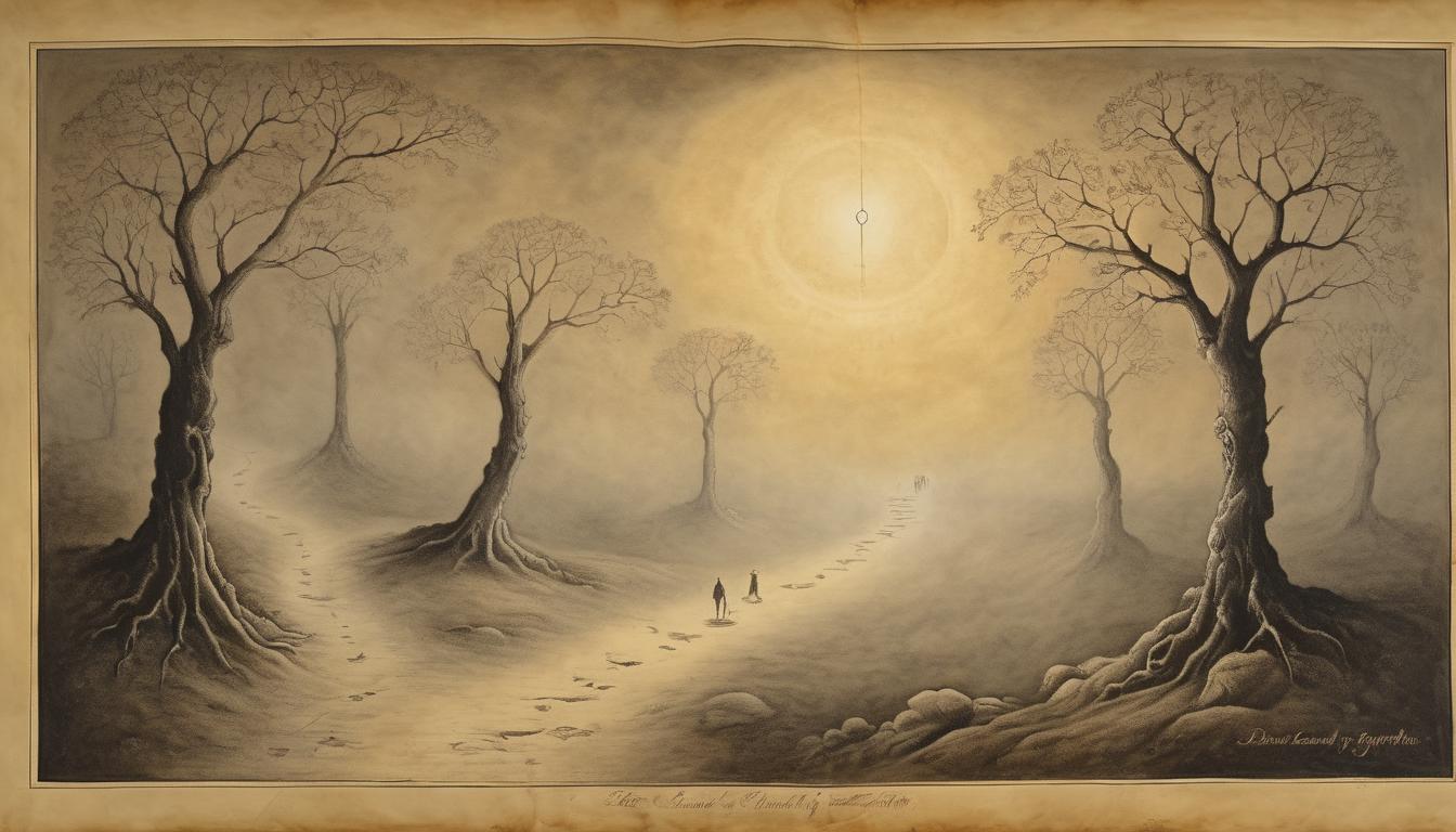  on parchment, surrealism++, glowing footprints on a misty path, divine journey, celestial guidance, spiritual pilgrimage(mysterious, provocative, symbolic)++