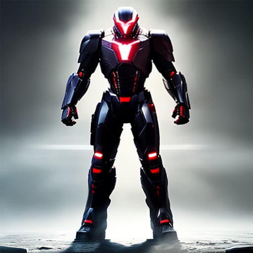 redshift style Draw a war machine suit in black color with thin red stripes in full lenght hyperrealistic, full body, detailed clothing, highly detailed, cinematic lighting, stunningly beautiful, intricate, sharp focus, f/1. 8, 85mm, (centered image composition), (professionally color graded), ((bright soft diffused light)), volumetric fog, trending on instagram, trending on tumblr, HDR 4K, 8K