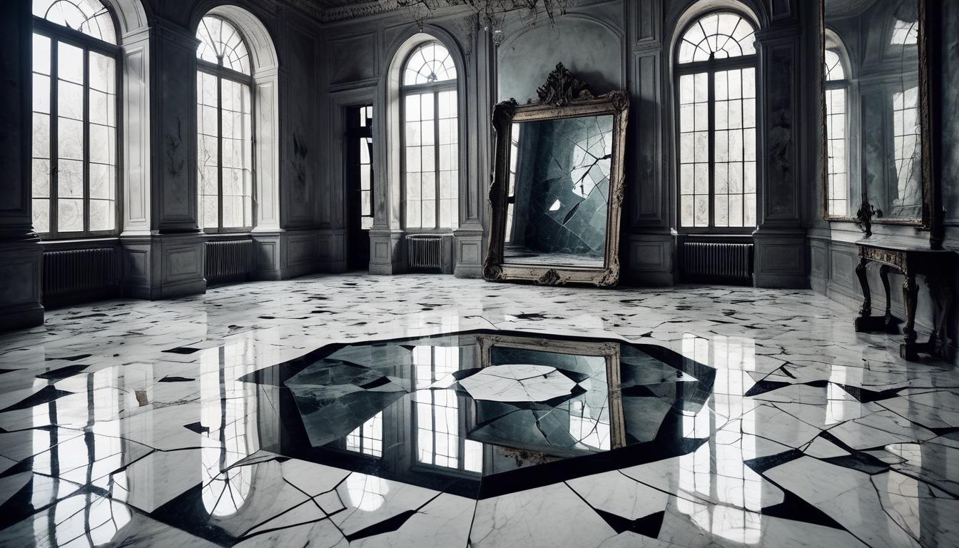  on parchment, surrealism+++, mirror shattered on marble floor, fragments reflecting distorted faces, dim room, atmosphere of unsettling realization(mysterious, provocative, symbolic,muted color)+++