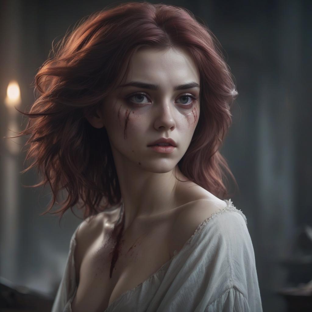  a girl with a brooding look, bloody hair, graceful and beautiful figure, high detail, soft light, artistic style, mysterious atmosphere