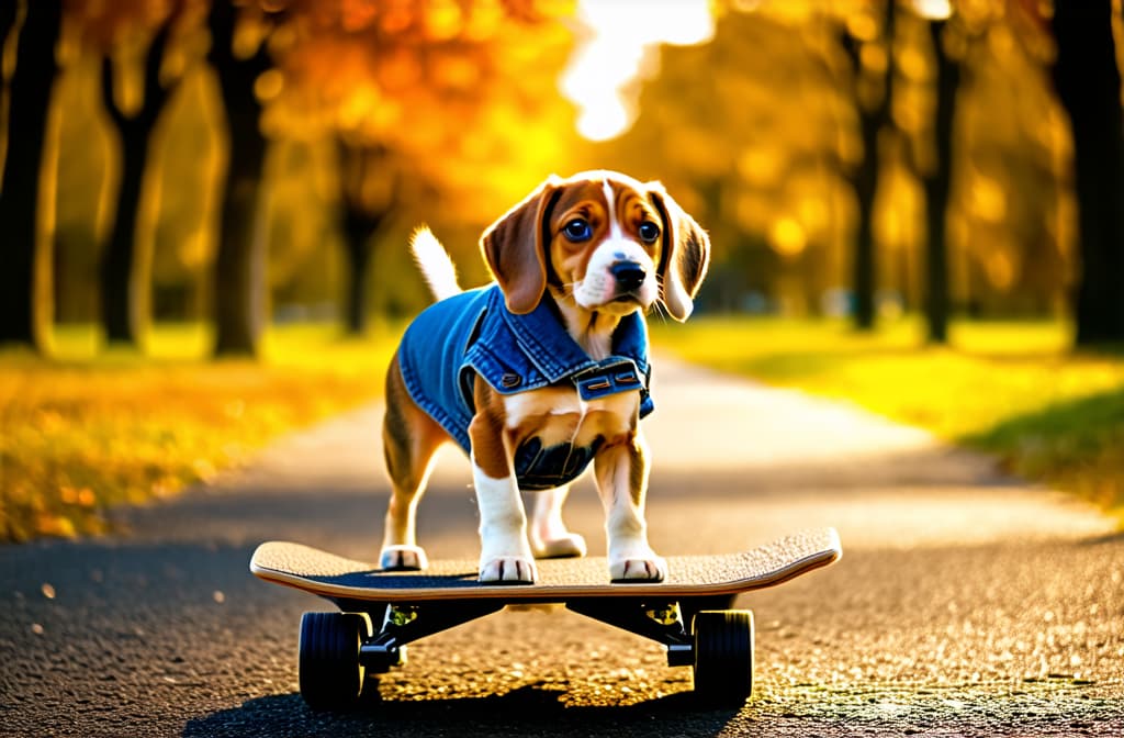  cinematic film style, a beagle puppy stands on four paws on a platform skateboard on an asphalt path in an autumn park in a denim sleeveless jacket , shallow depth of field, vignette, maximum details, high budget hollywood movie, bokeh, cinemascope, moody, epic, gorgeous, sun rays and shadows on furniture and surfaces, flattering light, raw photo, photography, photorealistic, 8k resolution, f1.4, sharpened focus, sharp focus