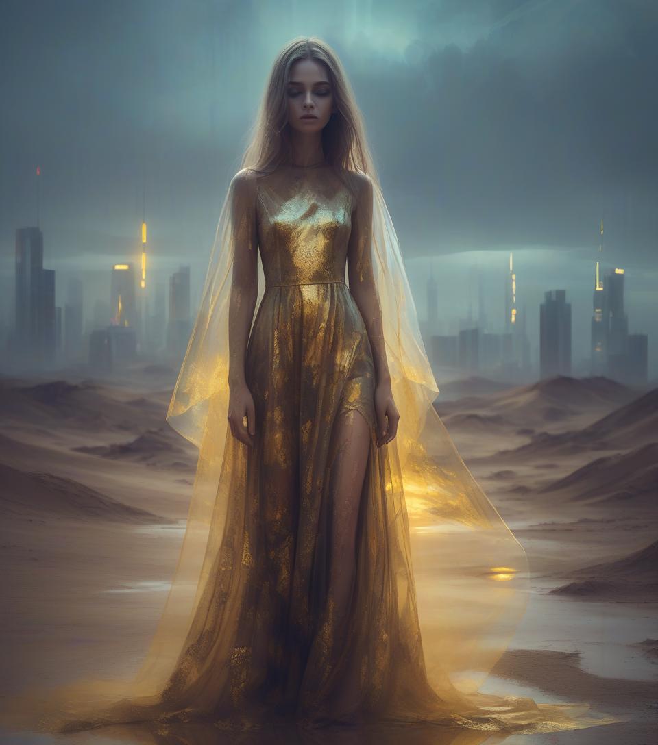  portrait face girl. dark fantasy, dramatic style, transparent light long bed dress dress. foggy bright style. dramatic style, depression style, gold glitch art style, impressionism, background night city. futuristic, deco style, influence, mysticism, mystery, ultra hd, abstract, psychedelic in double exposure over a desert oil paintingtyle.