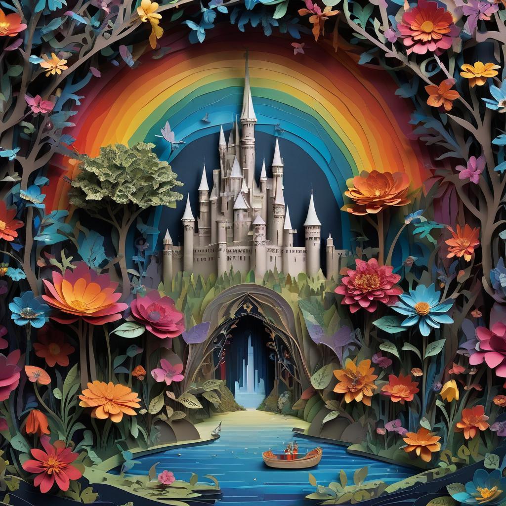  stacked papercut art of gothic, drop, inside the drop fairy world, rainbow, flowers, river, castle, highest quality image, play of light and shadow, surreal . 3d, layered, dimensional, depth, precision cut, stacked layers, papercut, high contrast