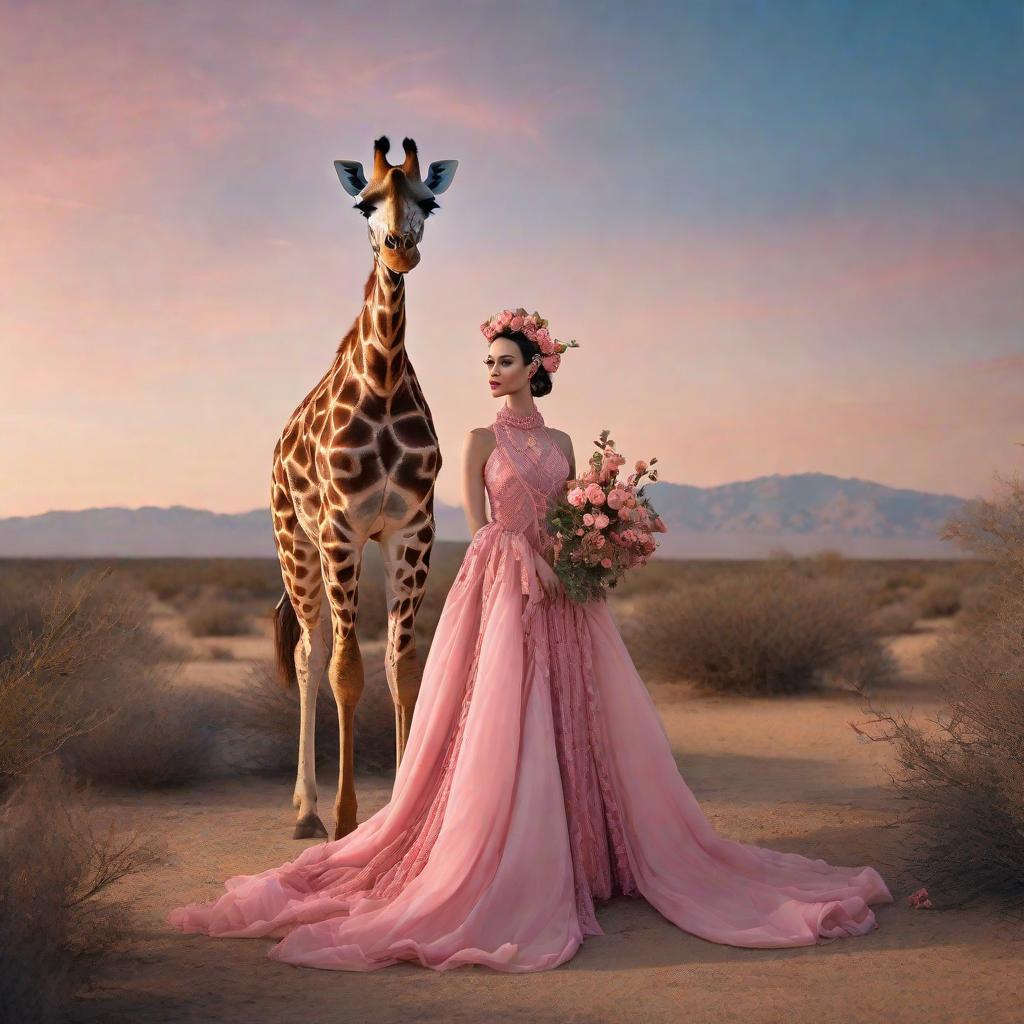  a couple of giraffe standing next to each other, wearing pink floral gown, natalie shau, 2019 trending photo, the desert, aesthetic cute with flutter, the lovers, garden utopia, furaffinity fursona, petra collins, the non binary deity of spring, pale blue faces, sony world photography awards, bouquets, by meredith garniss. hyperrealistic, full body, detailed clothing, highly detailed, cinematic lighting, stunningly beautiful, intricate, sharp focus, f/1. 8, 85mm, (centered image composition), (professionally color graded), ((bright soft diffused light)), volumetric fog, trending on instagram, trending on tumblr, HDR 4K, 8K