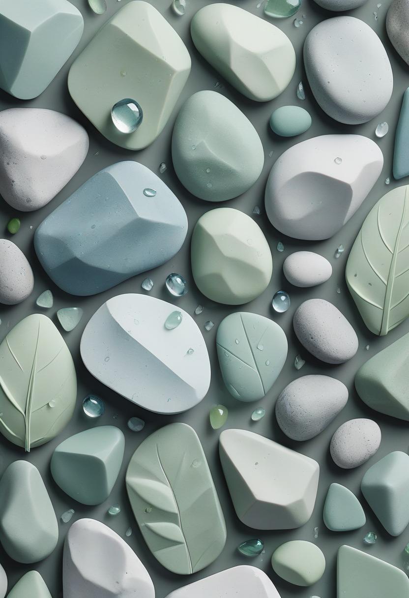  generate a sleek and modern pdf cover for a minimalism guide, focusing on an abstract geometric design made from natural shapes like stones, leaves, and water droplets. use a soft color palette of pastel greens, blues, and greys, with clean, bold typography to highlight the title