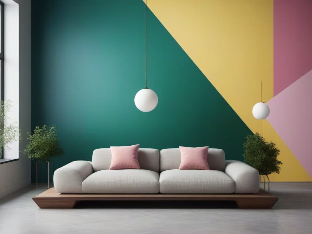  modern, abstract art piece featuring a combination of vertical lines and geometric shapes. the layout includes a series of vertical, multicolored lines that create a sense of depth and texture. the background consists of a gradient of green and yellow hues, resembling a field, with white spherical shapes distributed throughout, adding a three dimensional effect. in the foreground, there are pink and blue triangular forms that appear to be rising from the bottom, contributing to the layered composition. the overall style is contemporary and visually dynamic, with a focus on color contrast and spatial arrangement.