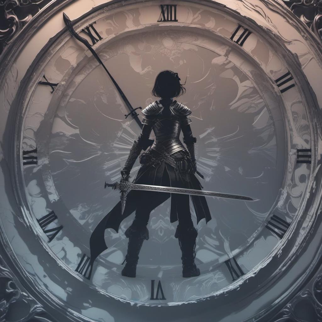  silhouette of girl standing with a sword facing a giant clock, profile image style