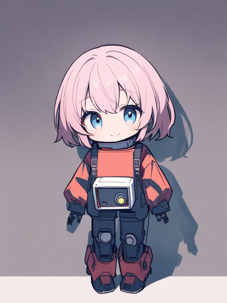  square box type tin bot, square box type robot, little girl, square girl, box robot girl, pink hair short hair, blue eyed, cute smile, neck robot, crawl type boot robot, overall body robot, whole body ,,,