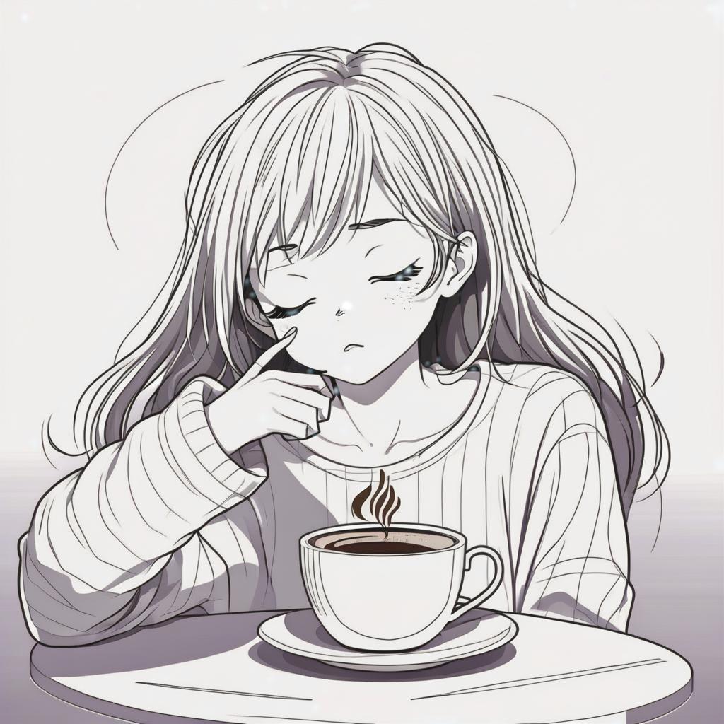  line art drawing sleepy girl, cup of coffee, same nightmare. anime style . professional, sleek, modern, minimalist, graphic, line art, vector graphics