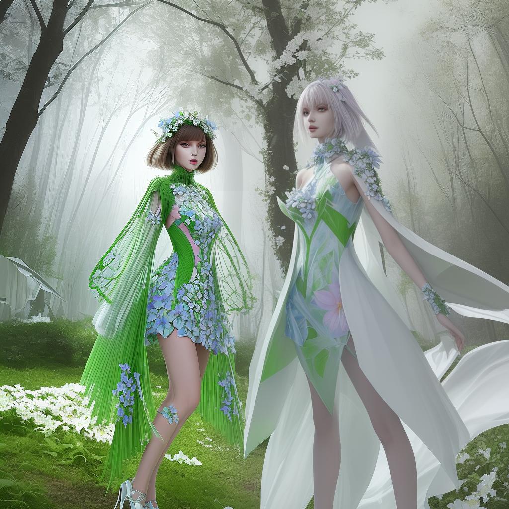  modern futuristic spring no model no human fashion sprouting dress as flower clother and natuke as one mash up clothes as nature