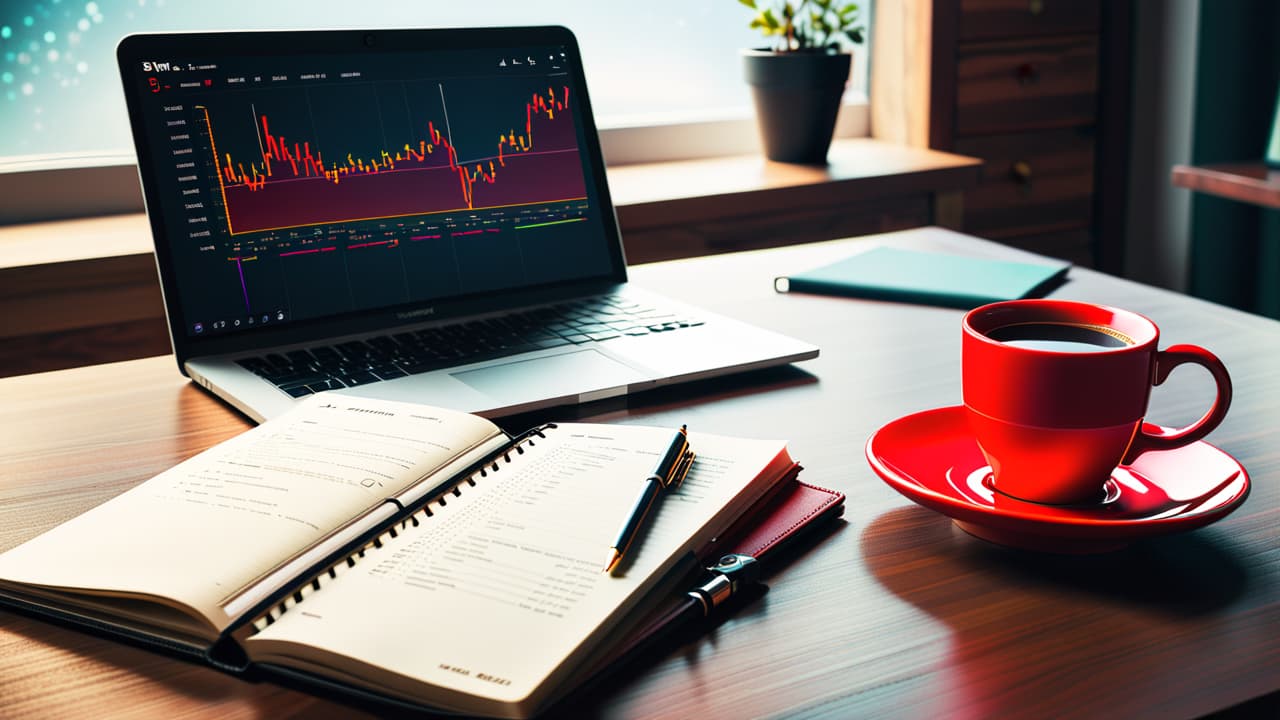  a serene desk setup with a laptop displaying stock charts, a notepad filled with trading notes, a cup of coffee, and a clock showing different times, symbolizing the journey of learning stock trading. hyperrealistic, full body, detailed clothing, highly detailed, cinematic lighting, stunningly beautiful, intricate, sharp focus, f/1. 8, 85mm, (centered image composition), (professionally color graded), ((bright soft diffused light)), volumetric fog, trending on instagram, trending on tumblr, HDR 4K, 8K