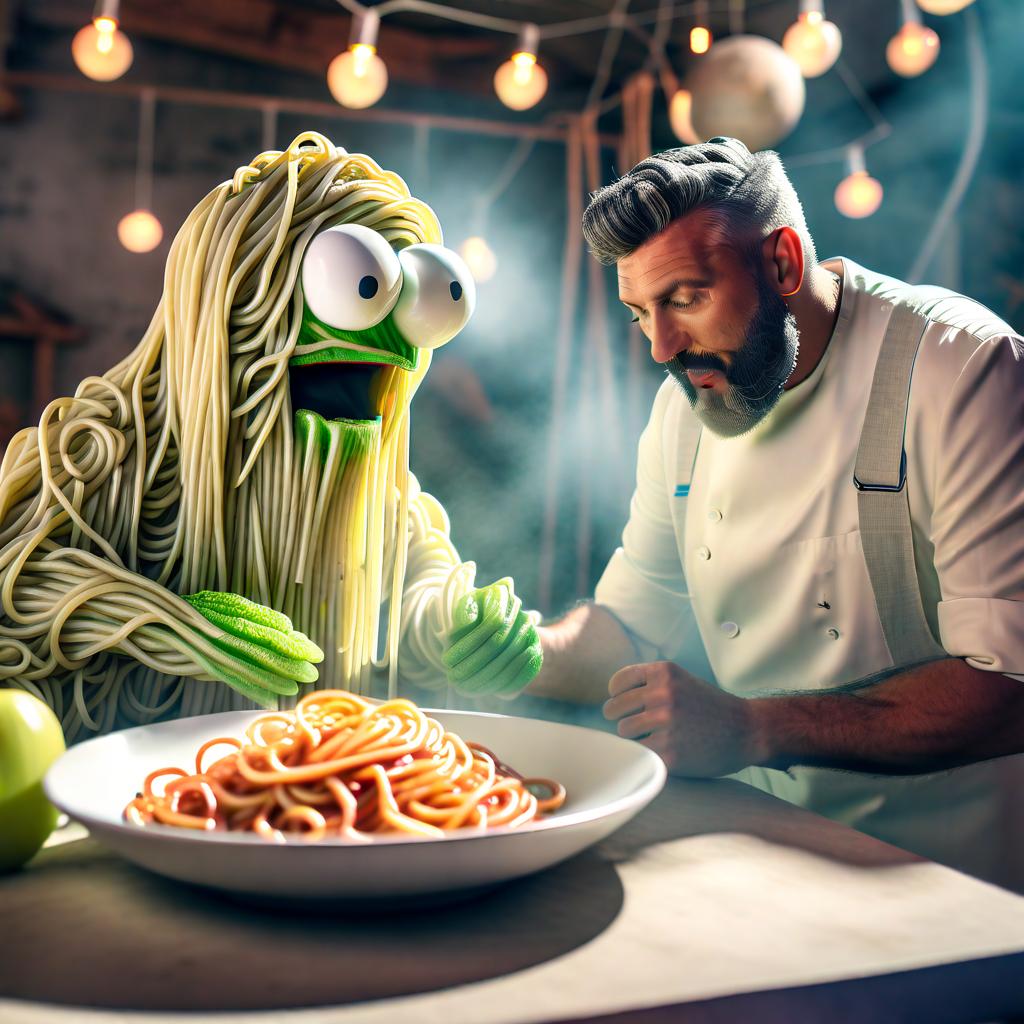  an innocent villager traveling in space is face to face with the spaghetti monster. hyperrealistic, full body, detailed clothing, highly detailed, cinematic lighting, stunningly beautiful, intricate, sharp focus, f/1. 8, 85mm, (centered image composition), (professionally color graded), ((bright soft diffused light)), volumetric fog, trending on instagram, trending on tumblr, HDR 4K, 8K