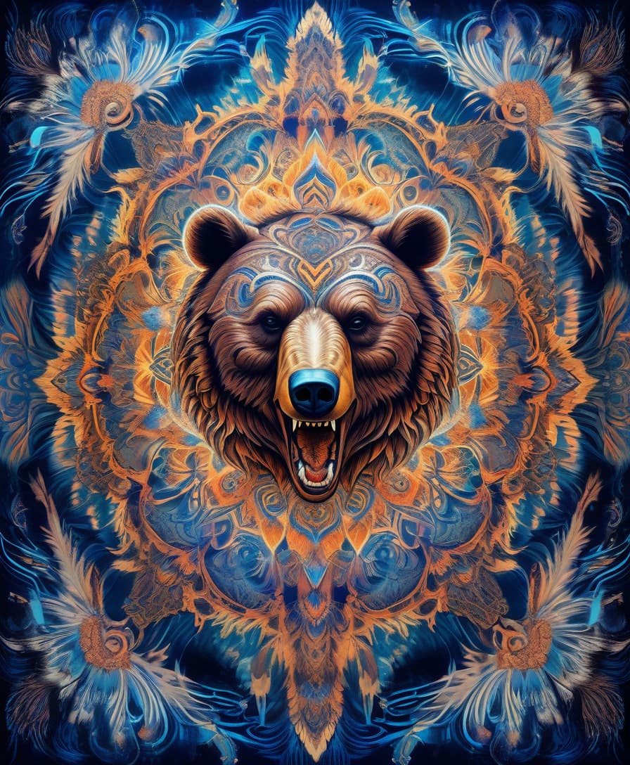  abstract expressionist painting masterpiece, hdr 8k, digital image. conceptual art. (a bear with a bared mouth full of sharp fangs, appearing in ancient russian ethnic ornaments that make up a symmetrical mandala consisting of an endless forest, a wide flowing river and majestic mountains, the mandala is decorated with a fantastic ice pattern). abstract elements: crystals, beads, feathers. the effect of dissolving the natural shades of fur in sky waves. filigree finishes, mysterious neon glowing accents, intricate. stylization. neo rococo style. stylish, dynamic, atmospheric. background dissolving abstract patterns in the space:: vignetting:: complex ethnic ornament. mystery, fantasy surrealism. high detail. high quality. hdr. . energetic