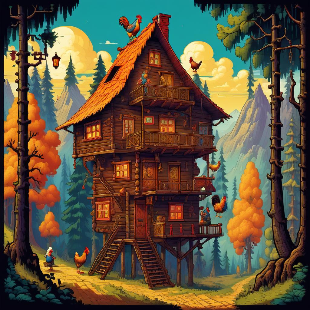  retro game art cartoon style. russian folk tales. {five story (hut on chicken legs) on each floor looks out of the window baba yaga}. . 16 bit, vibrant colors, pixelated, nostalgic, charming, fun