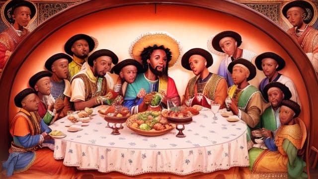  A painting of african men eating together, the last supper, , hyperrealistic, high quality, highly detailed, perfect lighting, intricate, sharp focus, f/1. 8, 85mm, (centered image composition), (professionally color graded), ((bright soft diffused light)), trending on instagram, HDR 4K, 8K