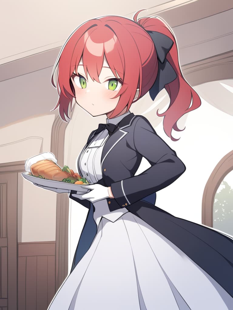  one boy, red haired green, medium hair, ponytail, butler, butler clothing, white gloves, habits, inappropriate smiles, western style faces, mansions, mansions