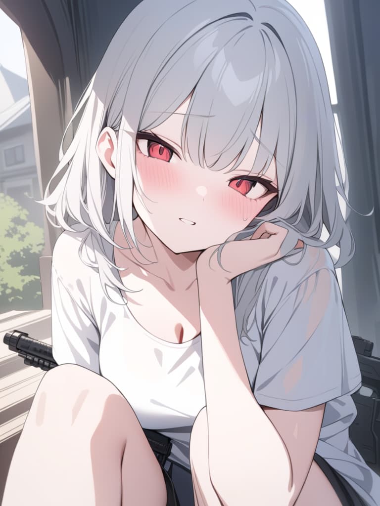  with guns, girls, shy, silver hair, red eyes, hairstyles have bobs, guns, masterpiece, best quality,8k,ultra detailed,high resolution,an extremely delicate and beautiful,hyper detail