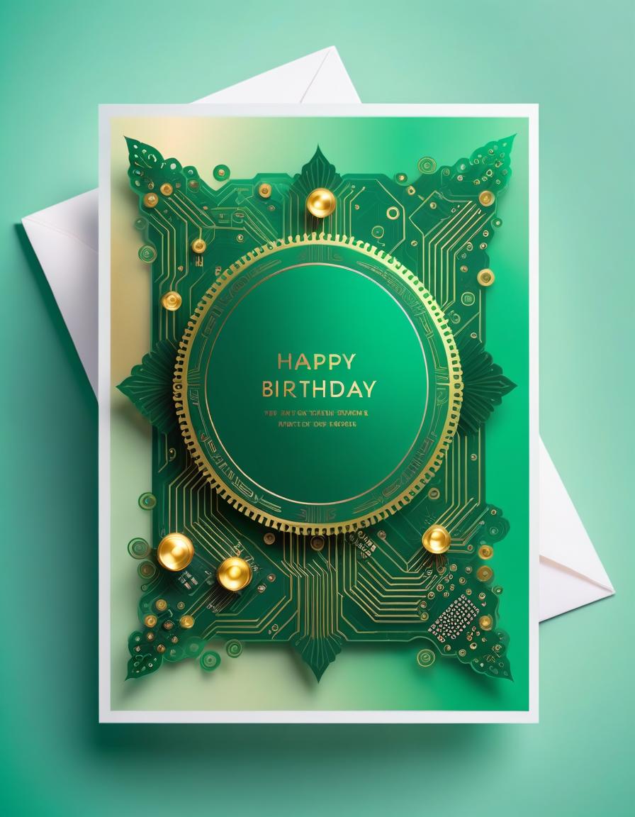  ethereal fantasy concept art of (birthday greeting card:1.5), card design: green background with (decorated with electronics style pcb tracks ). in the center of the card is a flower shaped computer processor, there is an inscription on top of the postcard text "microelectronics", (computer processor:1,1), (led:1,2), led color:golden, silvery white, burgundy, green. (style) :fantasy, design art, retro, postcards. . magnificent, celestial, ethereal, painterly, epic, majestic, magical, fantasy art, cover art, dreamy, hkmagic, text hyperrealistic, full body, detailed clothing, highly detailed, cinematic lighting, stunningly beautiful, intricate, sharp focus, f/1. 8, 85mm, (centered image composition), (professionally color graded), ((bright soft diffused light)), volumetric fog, trending on instagram, trending on tumblr, HDR 4K, 8K