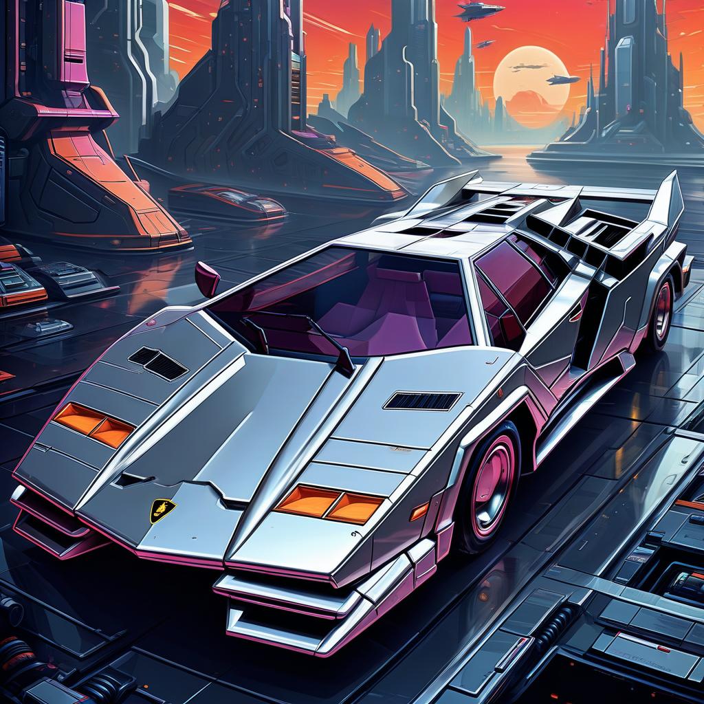  retro game art the spacecraft looks like a lamborghini countach, silver color, in the styles of futurism, dieselpunk and steampunk. . 16 bit, vibrant colors, pixelated, nostalgic, charming, fun