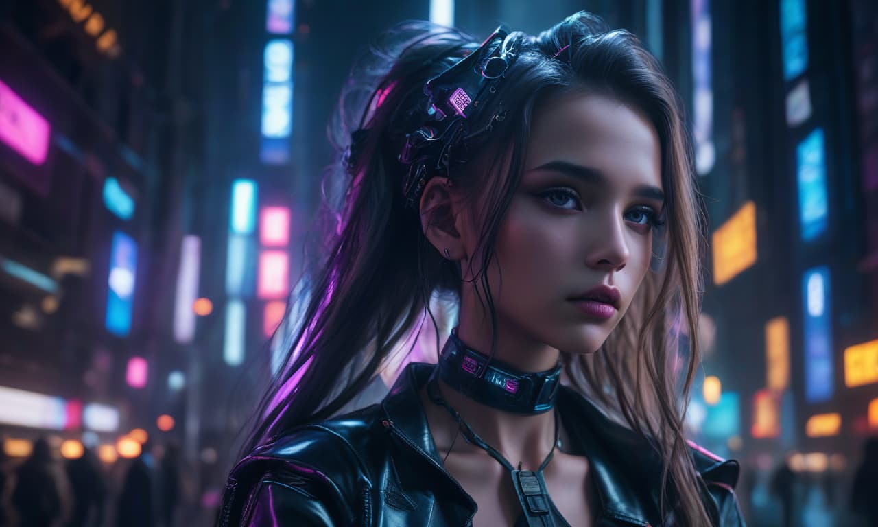  1 girl, of gabriela, black ribbon design, dutch angle, detailed hair, detailed facial features, detailedeyes, detailed lips, intricate hairstyle, long flowing hair, cyber punk, neon lights, glowing neon, dark futuristic city, moody lighting, film composition, dynamic camera angle, hight contrast, bright coloured, (best qualityer,4k,8K,high resolution,work of art:1.2),ultra detali,(realisitic,photorealisitic,photo realisitic:1.37)