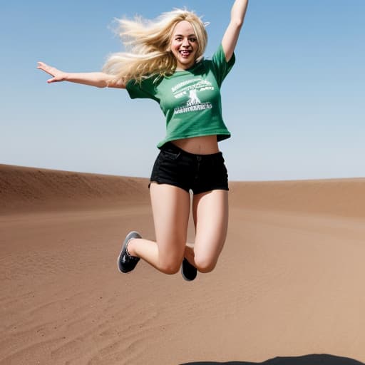  Blonde woman jumping with a t shirt