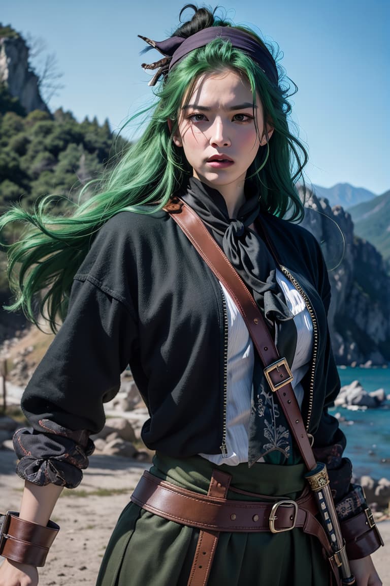  best quality, masterpiece, ultra high res, (photorealistic:1.4), raw photo, (realistic skin), ((((masterpiece)))), best quality, very high resolution, ultra detailed, in frame, strong, swordsman, green hair, bandana, three swords style, serious expression, muscular, loyal, katana, pirate, scar, determined, iconic outfit, intense stare, tough, black clothes, long coat, trained physique, fearless, strong willed, deep shadow, dramatic lighting