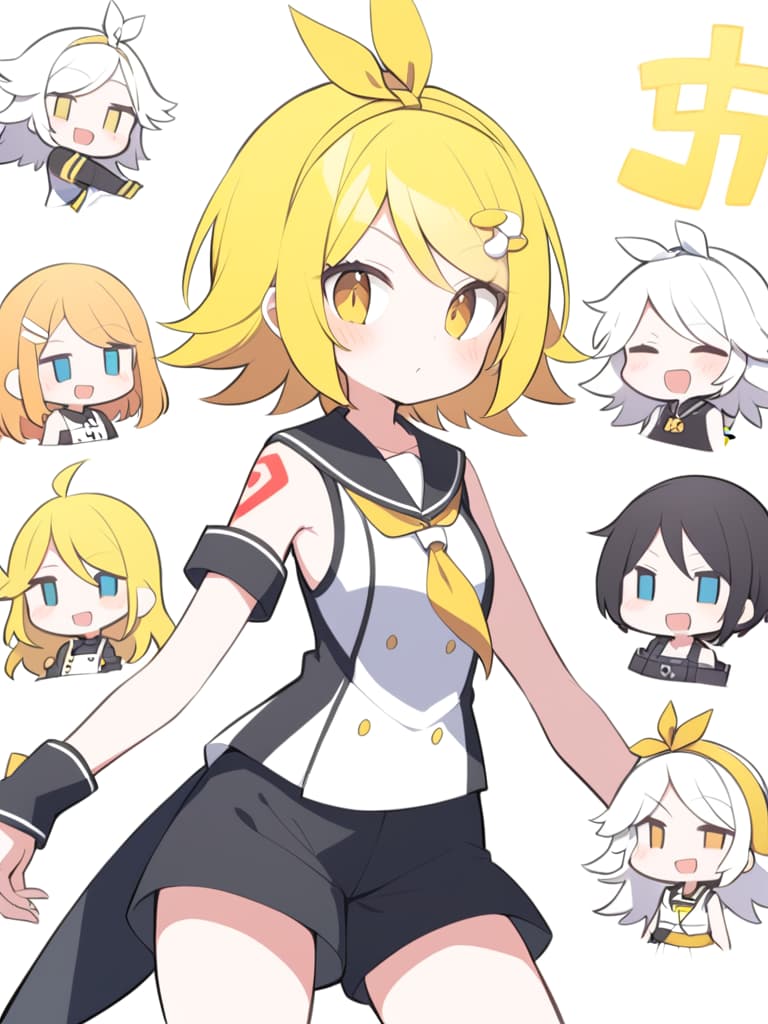  score 9, score 8 , source 8 , sauce 8 , (kagamine rin), (kagamine rin), kagamine base, short hair, hair clip, white hair band, white headphone, shoulder tattoo, numeric tattoo, black sailor color, to sound symbol, white croptop, sleeveless, yellow nekka chef, removable sleeves, black sleeves, black shorts, eberto,