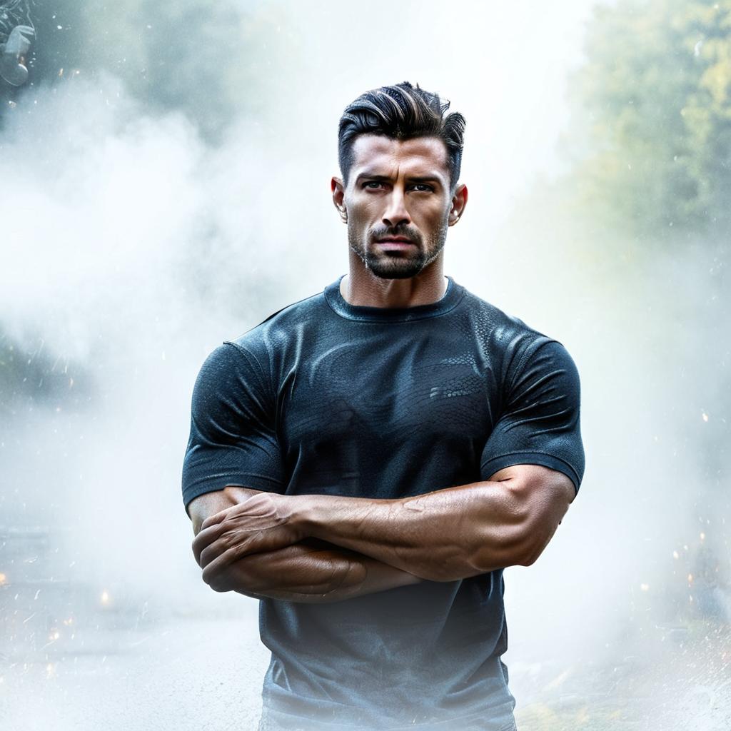  the perfect muscular man hyperrealistic, full body, detailed clothing, highly detailed, cinematic lighting, stunningly beautiful, intricate, sharp focus, f/1. 8, 85mm, (centered image composition), (professionally color graded), ((bright soft diffused light)), volumetric fog, trending on instagram, trending on tumblr, HDR 4K, 8K